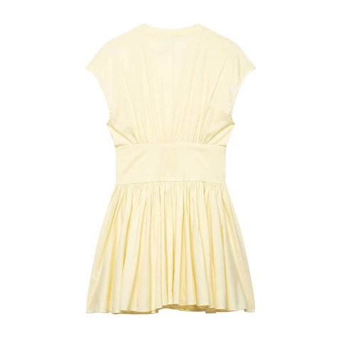Vestido Mini para Mujer Cuello en V Sin Mangas Abotonadura Sencilla Plisado Color Sólido Verano Elegante Ajustado Corto