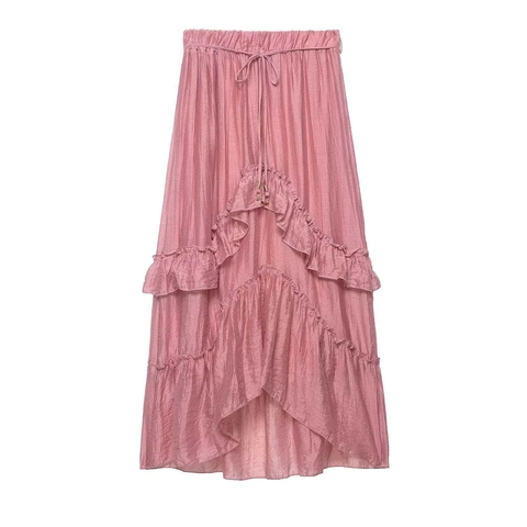 Gonna a Balze Rosa da Donna a Vita Alta Elastica con Coulisse Orlo Irregolare Gonna Maxi in Poliestere Fluido Bottoms Estivi