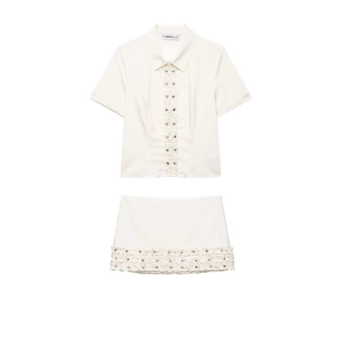 Ensemble Deux Pièces Femme Chemise à Manches Courtes à Volants et Mini-jupe à Rivets Blanc Crème Été Minimalisme