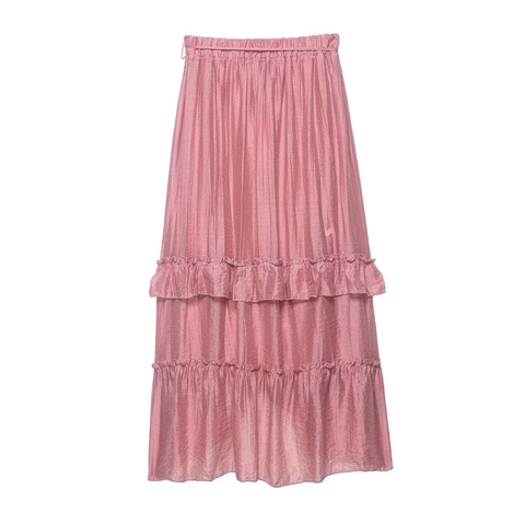 Gonna a Balze Rosa da Donna a Vita Alta Elastica con Coulisse Orlo Irregolare Gonna Maxi in Poliestere Fluido Bottoms Estivi