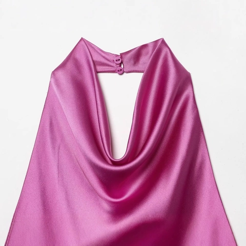 Top Halter de Satén Fucsia Elegante para Mujer Cuello Desbocado Espalda Descubierta Blusa Sin Mangas Color Sólido Fiesta