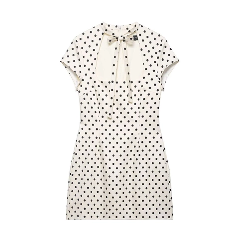 Women's Vintage Polka Dot Mini Dress Bow Tie High Neck Hollow Out Short Sleeve Bodycon Slim Fit Summer Pullover Dress