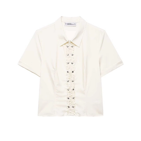 Ensemble Deux Pièces Femme Chemise à Manches Courtes à Volants et Mini-jupe à Rivets Blanc Crème Été Minimalisme
