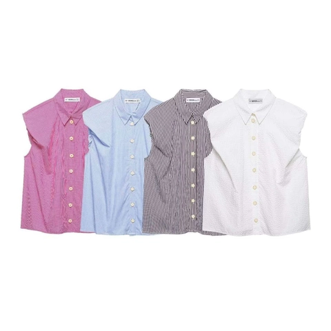 Chemisier Sans Manches Décontracté pour Femmes Vichy à Rayures Épaule Volantée Col Rabattu Chemise en Polyester pour Haut d'Été