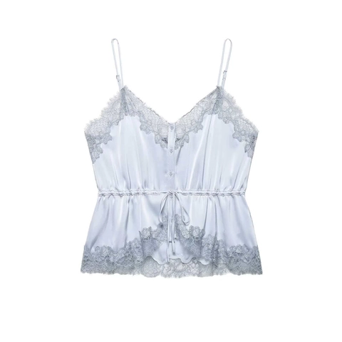 Women Lace Trim Satin Cami Top V Neck Adjustable Spaghetti Strap Drawstring Waist Solid Color Summer Sleeveless Blouse Top
