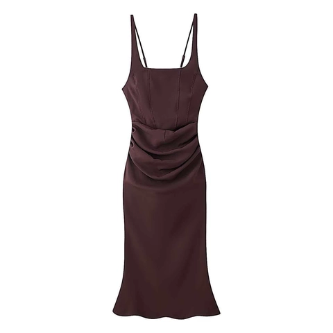 Elegant Satin Ruched Spaghetti Strap Maxi Dress Sexy Backless Lace Up Fishtail Evening Party Prom Bodycon Long Dress