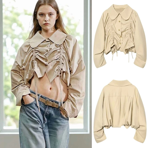 Dames Mode Khaki Peter Pan Kraag Geplooid Trekkoord Korte Blouse Lange Mouw Knoopsluiting Elegant Top Voor Dagelijks Gebruik