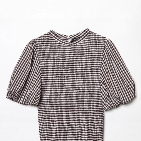 Dames Vintage Gingham Gesmokte Schootje Top Pofmouw Ronde Hals Bruin Wit Geruite Blouse Casual Zomerhemd