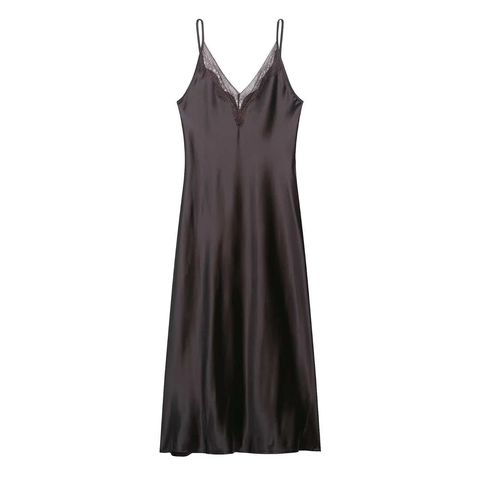 Women Sexy Lace Trim Satin Slip Dress Deep V Neck Coffee Sleeveless Backless Elegant Maxi Dress For Party Clubwear Nightwear