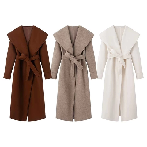 Cappotto Lungo di Lana Elegante da Donna Ampio Revers Cintura in Vita Tinta Unita Trench Poliestere Capispalla per Autunno Inverno