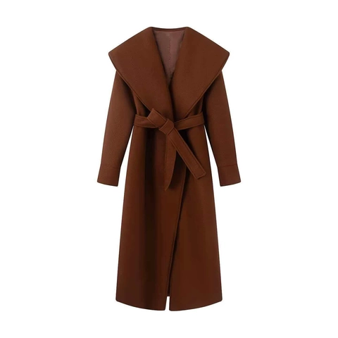 Cappotto Lungo di Lana Elegante da Donna Ampio Revers Cintura in Vita Tinta Unita Trench Poliestere Capispalla per Autunno Inverno
