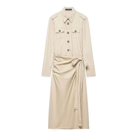 Damen Elegant Khaki Revers Hemdkleid Langarm Einreihig Utility Midi Kleid Mit Schnürung Gerafft Arbeitskleidung Robe
