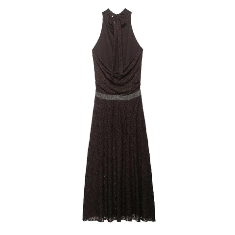 Halter Neck Floral Lace Maxi Dress For Women With Shimmering Rhinestone Belt Backless Elegant Evening Party Sleeveless Long Dress