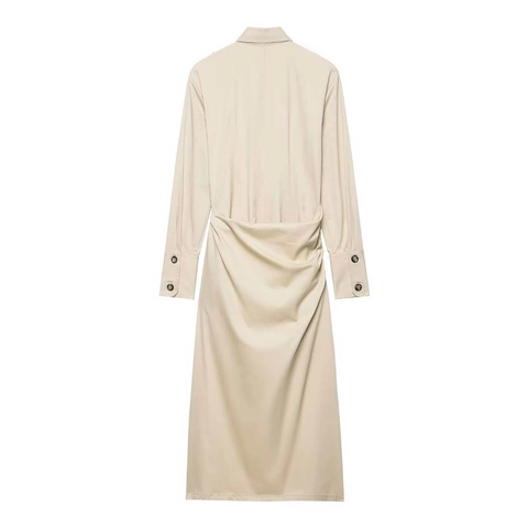 Damen Elegant Khaki Revers Hemdkleid Langarm Einreihig Utility Midi Kleid Mit Schnürung Gerafft Arbeitskleidung Robe