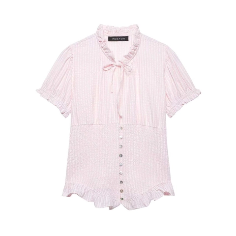 Vintage Rüschen-Stehkragen Smock-Taille Kurzarm Gingham Gestreifte Bluse Für Damen Retro Puffärmel Bindeband Sommer Top