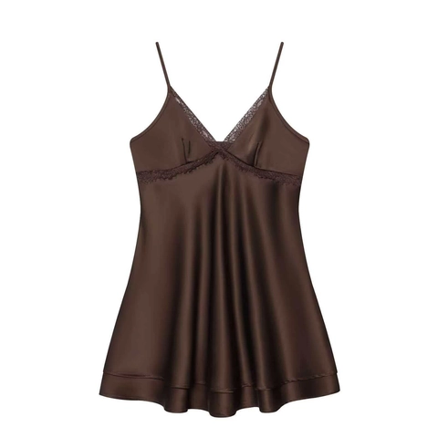 Women Sexy Satin Nightdress Lace V-Neck Sleeveless Spaghetti Strap Slip Dress Mini Nightgown Summer Sleepwear