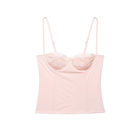 Women Sexy Pink Lace Patchwork Bustier Top Slim Fit Satin Camisole Adjustable Spaghetti Strap Summer Sleeveless Top