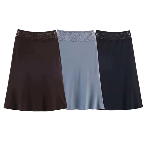 Damen Spitze Taille Satin Midirock Elegant Minimalistisch Einfarbig Hohe Taille A-Linie Patchwork Rock Für Den Alltag
