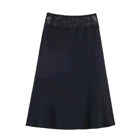 Damen Spitze Taille Satin Midirock Elegant Minimalistisch Einfarbig Hohe Taille A-Linie Patchwork Rock Für Den Alltag