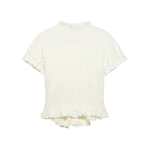 Blusa para Mujer con Cintura de Nido de Abeja Cuello con Volantes Lazo Manga Corta Top de Poliéster Elegante Camisa Casual para Diario
