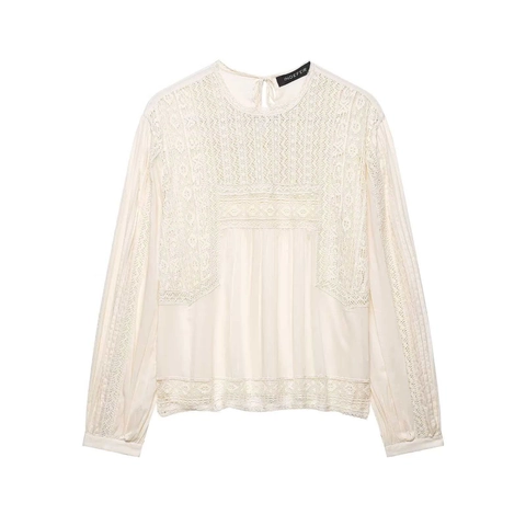 Camicetta da Donna Elegante in Chiffon con Patchwork di Pizzo Manica Lunga Top Plissettato Girocollo Casual Stile Boho