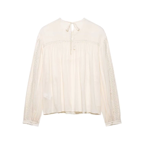 Camicetta da Donna Elegante in Chiffon con Patchwork di Pizzo Manica Lunga Top Plissettato Girocollo Casual Stile Boho