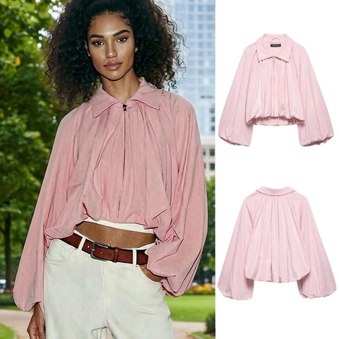 Women's Casual Pink Balloon Sleeve Bomber Jacket Short Loose Fit Zip Up Outerwear Fashion Lapel Collar Coat