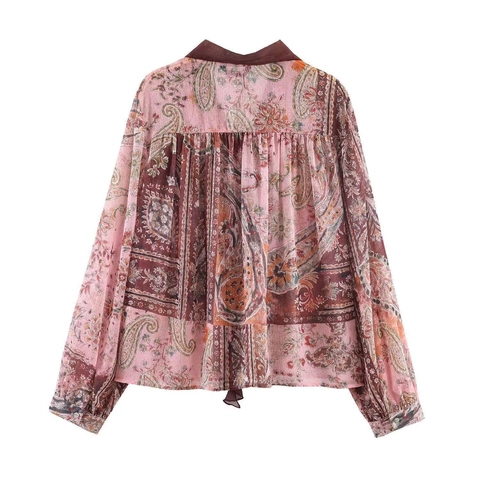Women Vintage Paisley Print Chiffon Blouse Elegant Long Sleeve Bow Tie Neck Loose Fit Casual Office Shirt Top