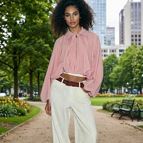 Women's Casual Pink Balloon Sleeve Bomber Jacket Short Loose Fit Zip Up Outerwear Fashion Lapel Collar Coat