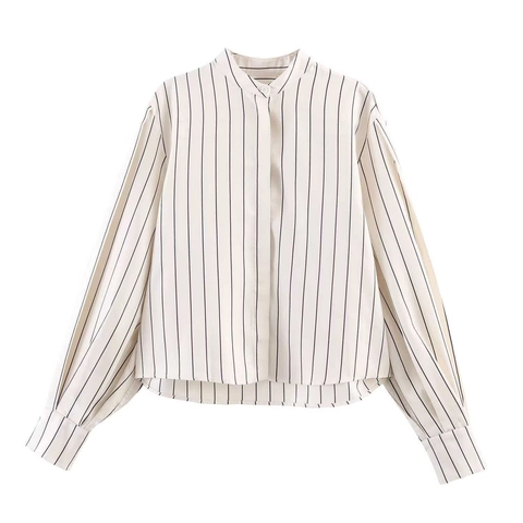 Completo da Donna Casual a Righe Camicia a Maniche Lunghe con Collo alla Coreana e Pantaloni a Gamba Larga con Cintura