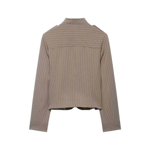 Blazer de Mujer Estilo Militar Rayado Ajuste Estándar Cuello Alto Doble Botonadura Vintage Hombreras Botones Metálicos Chaqueta