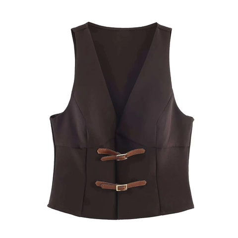 Conjunto Elegante de Dos Piezas para Mujer Chaleco con Cuello en V y Mini Falda Plisada Color Sólido Café Oscuro