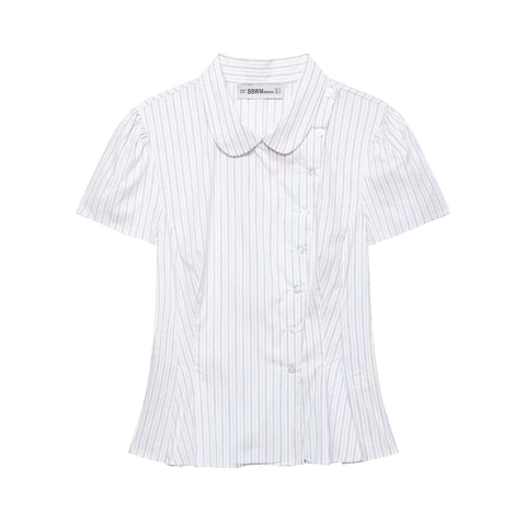 Chemisier Élégant à Rayures pour Femmes avec Col Claudine Boutonnage Asymétrique Manches Bouffantes Ourlet à Basques Chemise de Bureau
