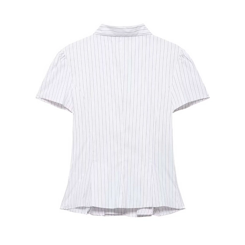 Chemisier Élégant à Rayures pour Femmes avec Col Claudine Boutonnage Asymétrique Manches Bouffantes Ourlet à Basques Chemise de Bureau