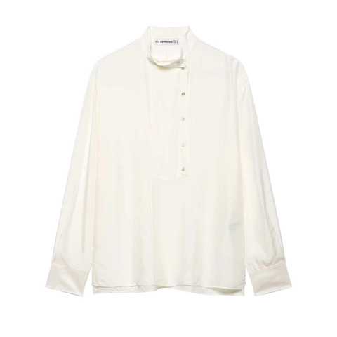 Blusa de Mujer Elegante con Cuello Alto y Manga Larga Color Sólido Simple Camisa con Textura de Satén para Oficina