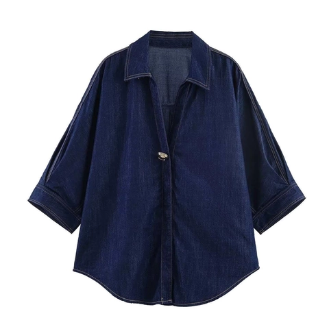 Chemise Femme Vintage Ample Bleu Foncé Style Denim Manches 3/4 Surpiqûres Contrastées Décontractée Polyester Polo Top