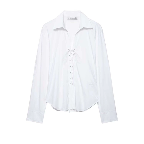 Women's Casual White Long Sleeve Lace-up Shirt Loose Lapel Blouse With Metal Eyelets Solid Color Woven Polyester Top