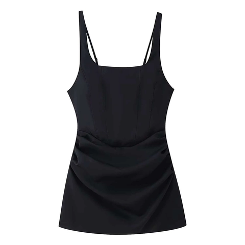 Sexy Women Square Neck Sleeveless Bodycon Mini Dress Ruched Lace Up Back Slim Fit Solid Color Polyester Summer Party Dress