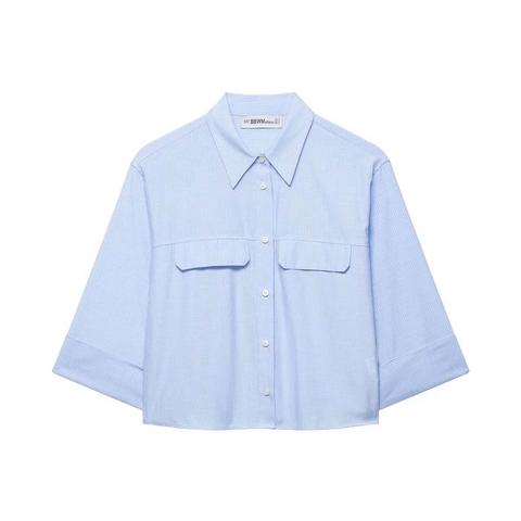 Chemise Courte à Rayures Bleu Clair Femme Épaule Tombante Manche 3/4 Double Poches Blouse Décontractée Bureau Top Femme