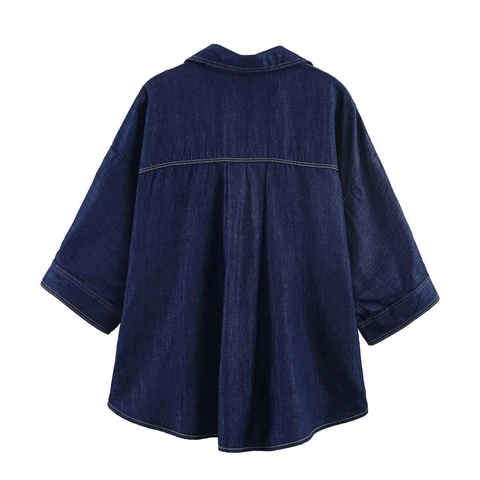 Chemise Femme Vintage Ample Bleu Foncé Style Denim Manches 3/4 Surpiqûres Contrastées Décontractée Polyester Polo Top