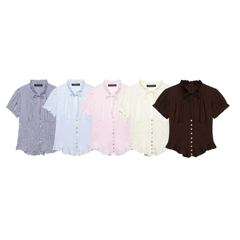 Vintage Rüschen-Stehkragen Smock-Taille Kurzarm Gingham Gestreifte Bluse Für Damen Retro Puffärmel Bindeband Sommer Top
