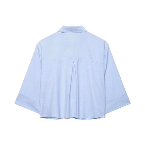 Chemise Courte à Rayures Bleu Clair Femme Épaule Tombante Manche 3/4 Double Poches Blouse Décontractée Bureau Top Femme