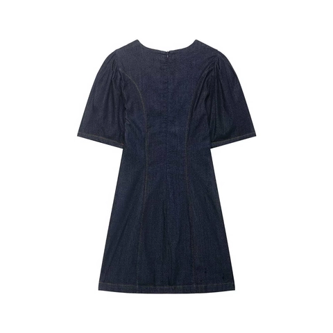Damen Dunkelblau Denim Minikleid Puffärmel Rundhals Kontrastnähte Schlanke Passform A-Linie Kurz Sommer Jeanskleid