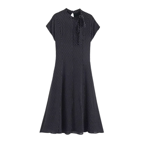 Damen Elegant Polka Dot Midi Kleid Retro Stehkragen Mit Schleife Kurzarm Flügelärmel A-Linie Slim Fit Sommerkleid