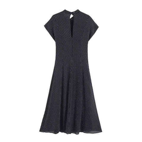 Damen Elegant Polka Dot Midi Kleid Retro Stehkragen Mit Schleife Kurzarm Flügelärmel A-Linie Slim Fit Sommerkleid