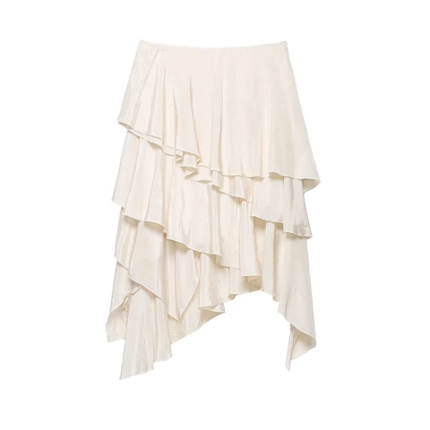 Damen Elegant Satin Asymmetrisch Rüschen Midi Rock High Waist Gestuft A-Linie Rock Für Tägliche Dating Party Mode