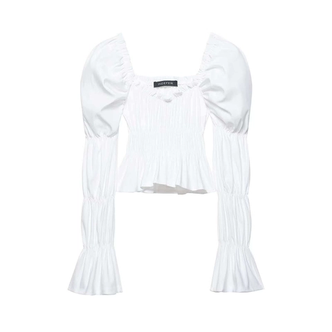Chemise Femme Vintage Col Carré Taille Smockée Manche Bouffante Blanc Manche Évasée Blouse Courte Été Élégant Top