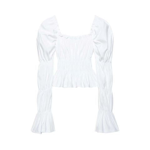 Chemise Femme Vintage Col Carré Taille Smockée Manche Bouffante Blanc Manche Évasée Blouse Courte Été Élégant Top