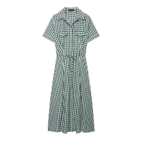 Vestido Camisero de Mujer de Cuadros Vichy Verdes y Blancos Manga Corta con Botones y Cinturón Vestido Midi en A Casual