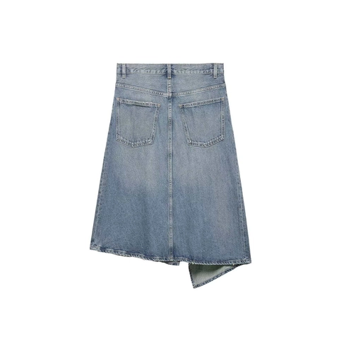 Gonna in Jeans Asimmetrica da Donna alla Moda a Vita Alta Blu Chiaro Lavata in Misto Cotone Orlo Irregolare Lunghezza Media